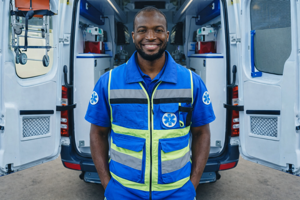 An emergency medical technician stands smiling beside the open rear doors of an ambulance, wearing a blue and neon yellow uniform with reflective stripes, with a stretcher and medical equipment visible inside the vehicle behind him.