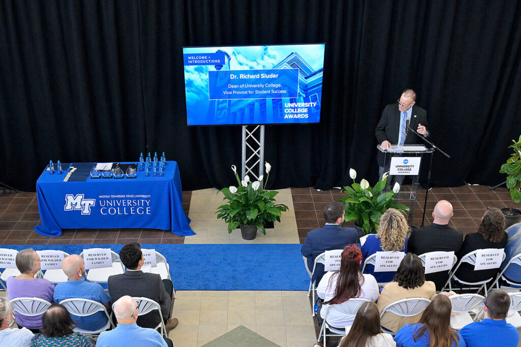 Dean Richard Sluder speaks at the 2026 University College Awards ceremony, held Thursday, April 30 at Andrew Woodfin MIller, Sr. Education Center at Middle Tennessee State University. 