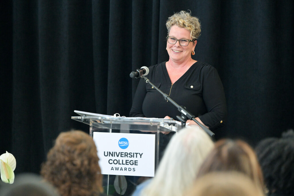 University College alumna Heather Higgins speaks at the 2026 University College Awards ceremony, held Thursday, April 30 at Andrew Woodfin Miller, Sr. Education Center at Middle Tennessee State University. 