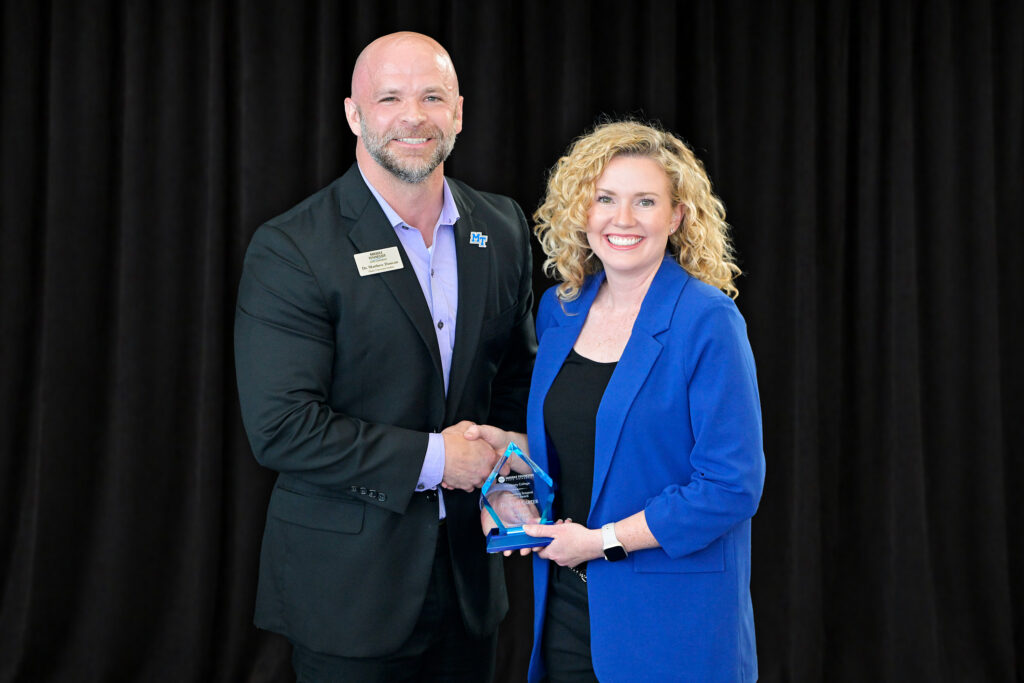 Dr. Matthew Duncan and Tenured Faculty Award winner Dr. Keri Carter are photographed at the 2026 University College Awards ceremony, held Thursday, April 30 at Andrew Woodfin Miller, Sr. Education Center at Middle Tennessee State University. 