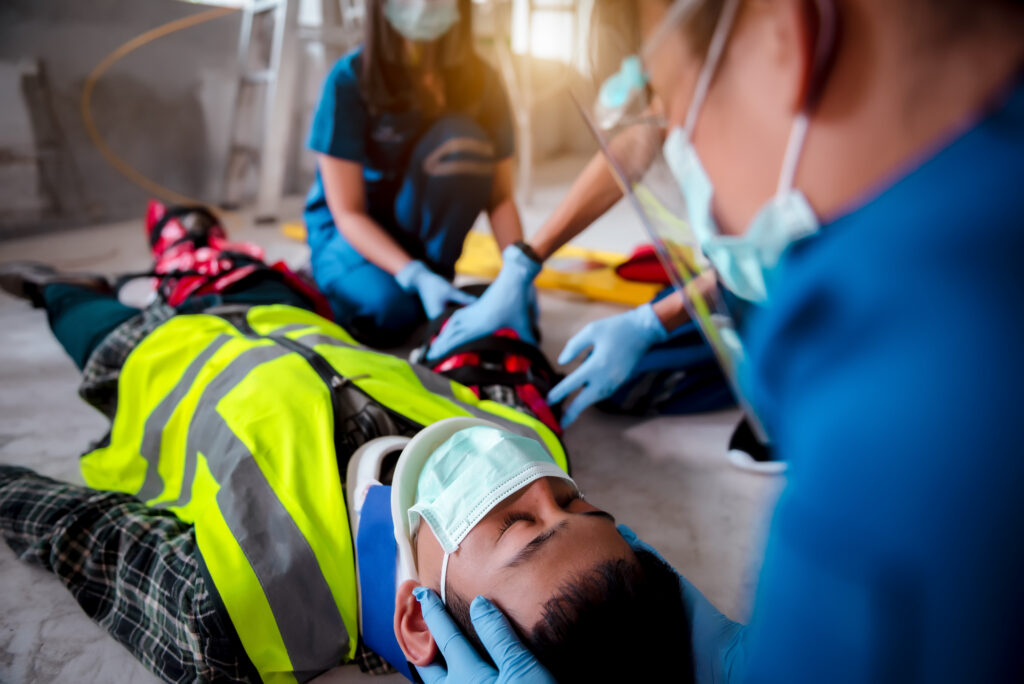 First aid for injuries from accidents in construction work, Loss of feeling or normal movement and Loss of function in limbs, First aid training to transfer patients, Tools for EMTs or Paramedics.